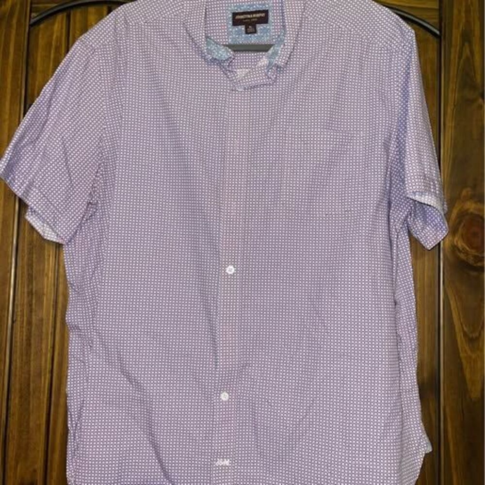 XL Johnston and Murphy Men’s Button Down Shirt Pink Blue Geometric Short Sleeve